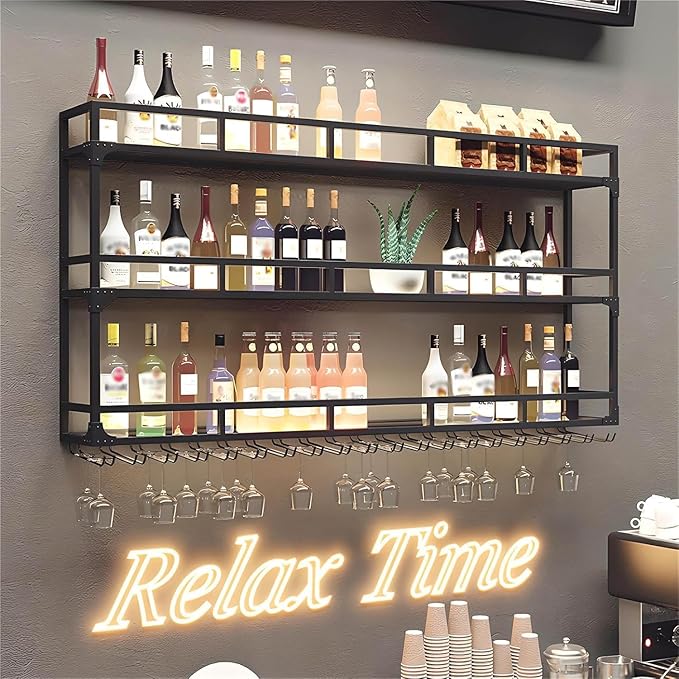 Wall Mounted Wine Rack, Floating Industrial Liquor Glass Holder 3 Tiers, Large Metal Wine Bottle Display Rack Hanging Shelf, for Home Bar Dining Room Decorative (Black, 70.86x35.43x9.84in)