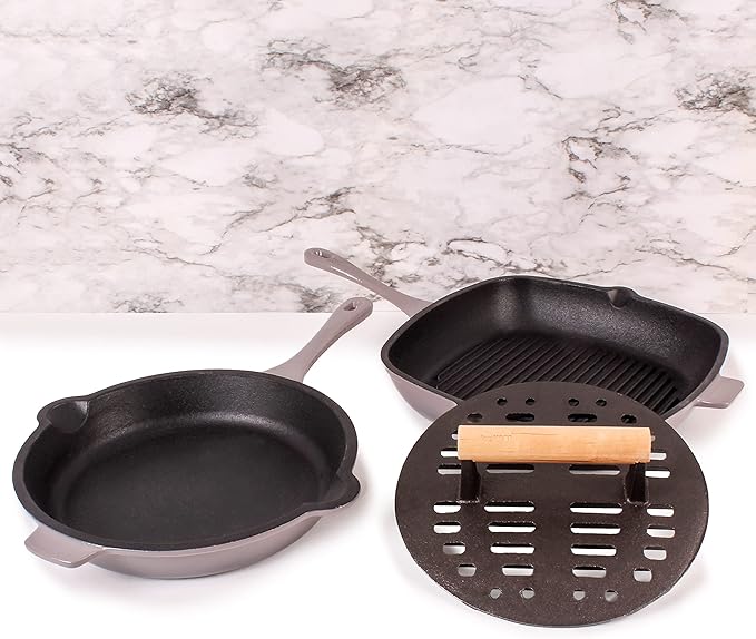 BergHOFF Neo 3Pc Enameled Cast Iron Cookware Set, Fry Pan 10 inches, Grill Pan 11 inches, Slotted Steak Press, Fast, Evenly Heat, Oven safe (Oyster)