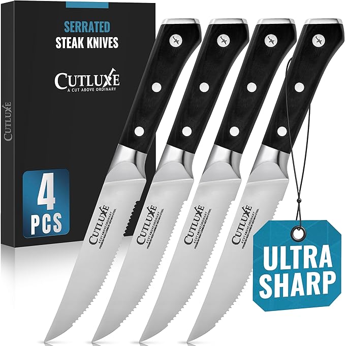 Cutluxe Steak Knives Set of 4, Serrated Steak Knives ??Forged High Carbon German Steel, Full Tang, Ergonomic Handle Design ??Artisan Series
