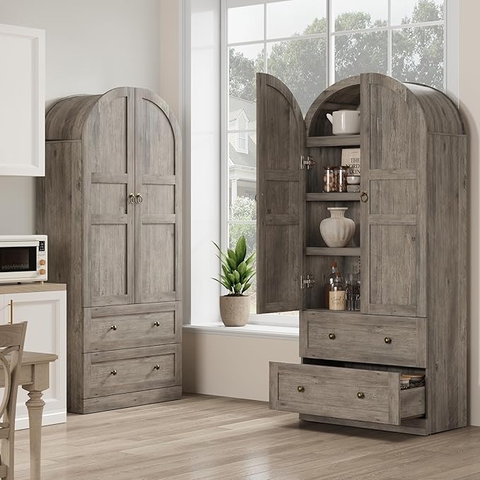 GAOMON 72" Arched Kitchen Pantry Cabinet, Wooden Freestanding Storage Cupboard with Doors, Drawers & Adjustable Shelves, Versatile Farmhouse Pantry for Dining and Living Room, Rustic Gray