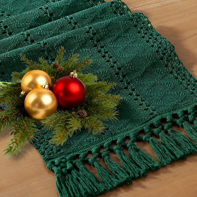 Socomi Boho Table Runner Valentine's Day Farmhouse Rustic Dining Kitchen Centerpiece Decor Small Macrame Woven Cotton Linen Coffee Table Runner for Dresser Scarf Home Decor 12x60 inch Emerald Green