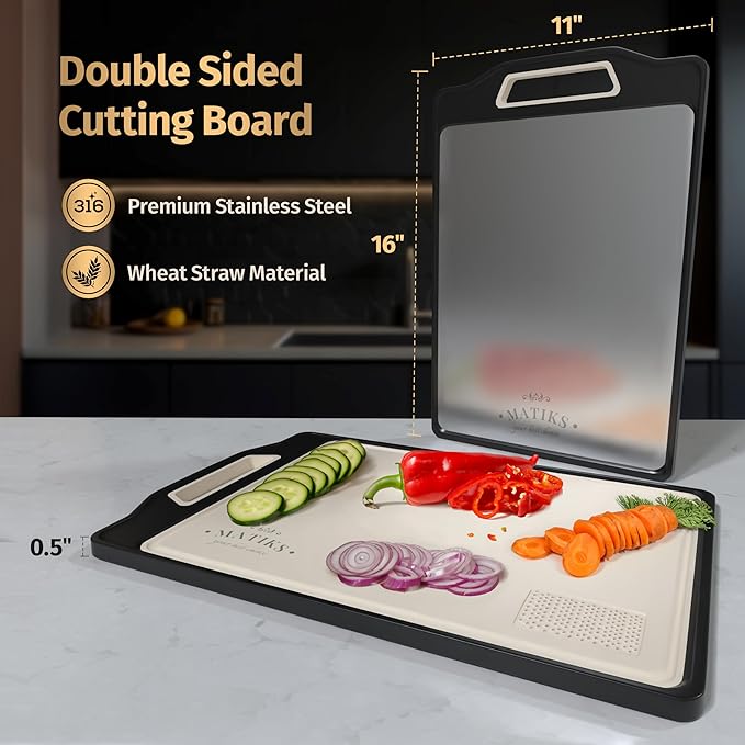 Matiks Stainless Steel Cutting Board Set - 16?씳?1??Large Double Sided Dishwasher Safe Metal Cutting Board for Kitchen ??Ideal for Chopping Meat & Veggies - Christmas Gift & Housewarming Gifts New Home