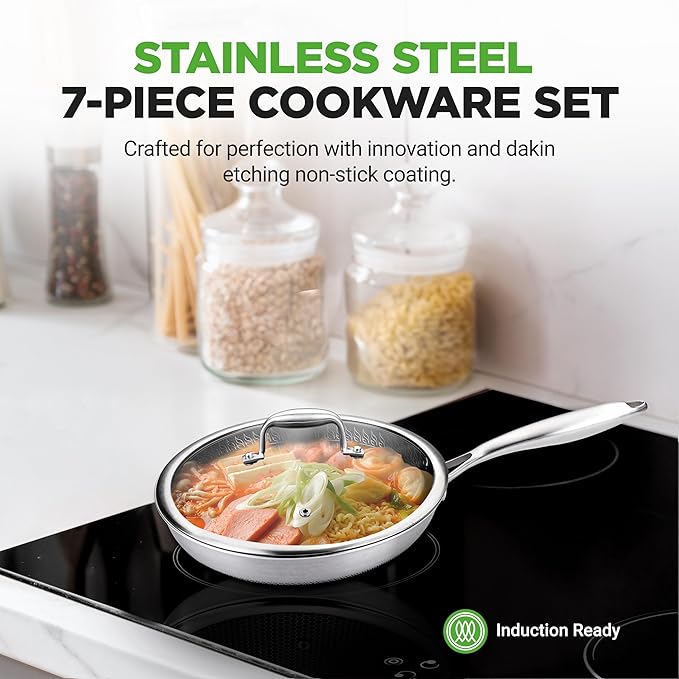 NutriChef 7-Piece Tri-Ply Stainless Steel Frying Pan Set & Wok ??Nonstick, Induction Compatible, Oven Safe, Scratch-Resistant, Dishwasher Safe