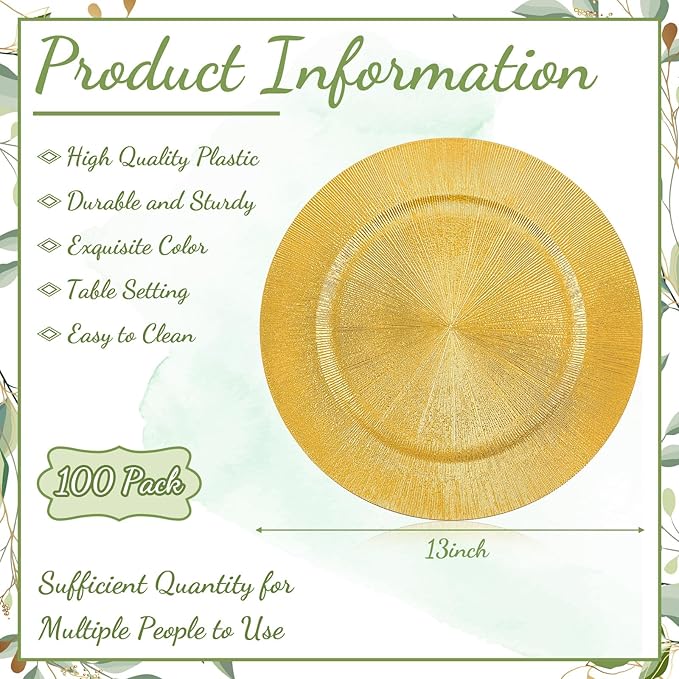 Tanlade 100 Pcs Charger Plates Bulk, 13 Inch Plastic Round Charger Dinner Plates Elegant Wedding Serving Plate for Event Tabletop Wedding Party Bridal Baby Shower Decor (Glitter Gold)