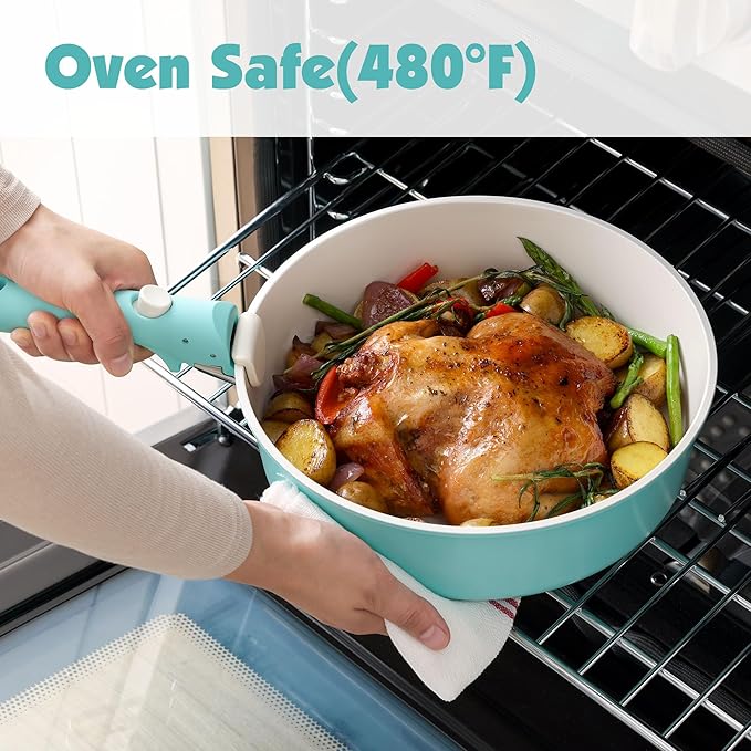 SENSARTE 24 Piece Ceramic Pots and Pans Set, Nonstick Detachable Handle Cookware, Induction Cookware Set with Removable Handle, Healthy Non Stick for RV, Dishwasher竊냀ven Safe, PFOA Free (Turquoise)