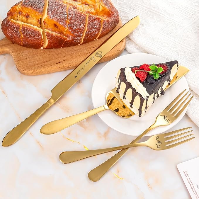 Gold Cake Cutting Set for Wedding, Wedding Cake Knife and Server Set, Cake Cutter and Pie Server Set of 4 for Mr and Mrs Wedding Gifts (Gold)