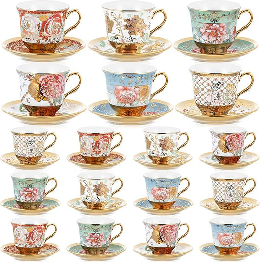Set of 18 Tea Cups and Saucers Tea Party Decorations Floral Porcelain 5.4 oz British Gift for Women Birthday Party, Church, and Mother's Day (Stylish Style)