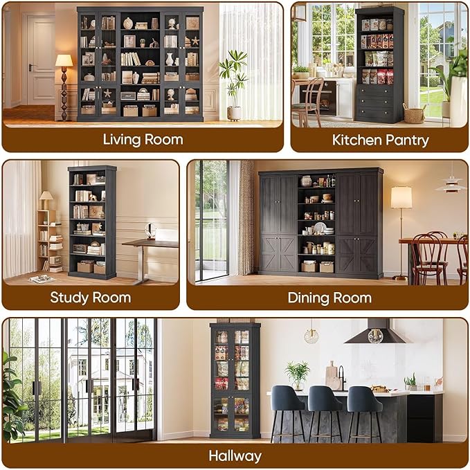 Vyre 70.8" Tall Farmhouse Bookshelf with Glass Doors, Modular Bookcase with 6-Tier Adjustable Shelves, Large Storage Cabinet for Kitchen, Living Room, Black, Set of 2