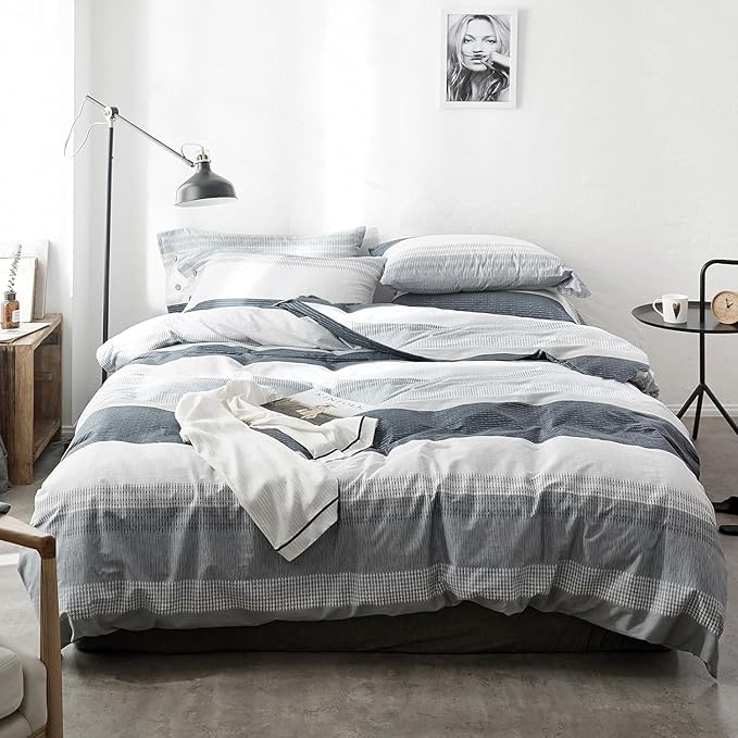 LifeTB Striped Comforter Set Twin XL Size, Modern Style Blue Grey Stripes Pattern Printed Bedding Set, 3 Pieces Lightweight Bedding Comforter Set, Stripe Soft Fluffy Bed Comforter with 2 Pillowcases