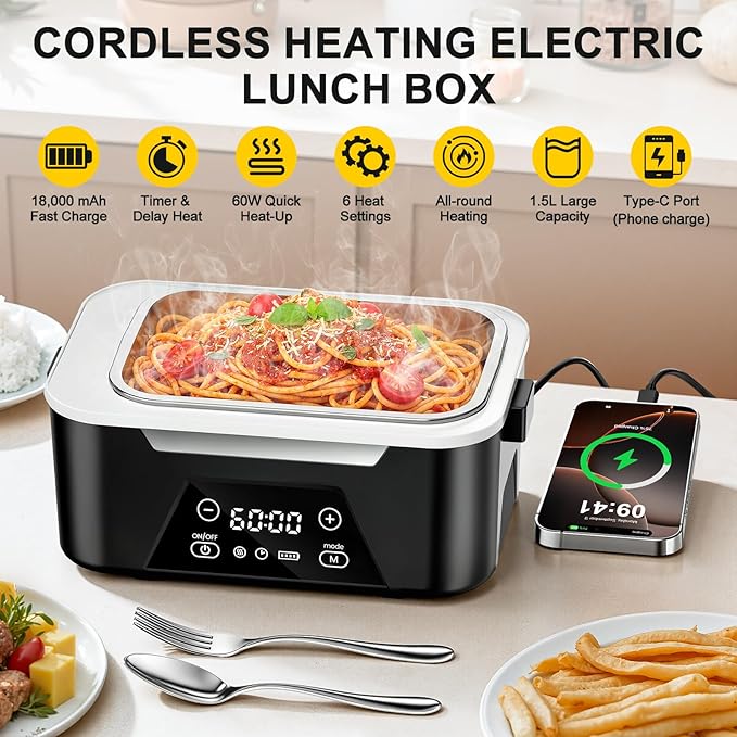 ISNIKA Cordless Heated Lunch Box For Adults, 1.5L (6 Cups) Rechargeable Electric Lunch Box Battery Powered With Scheduled Heating, Automatic Heating,Portable Food Warmer With Insulated Bag (Black)