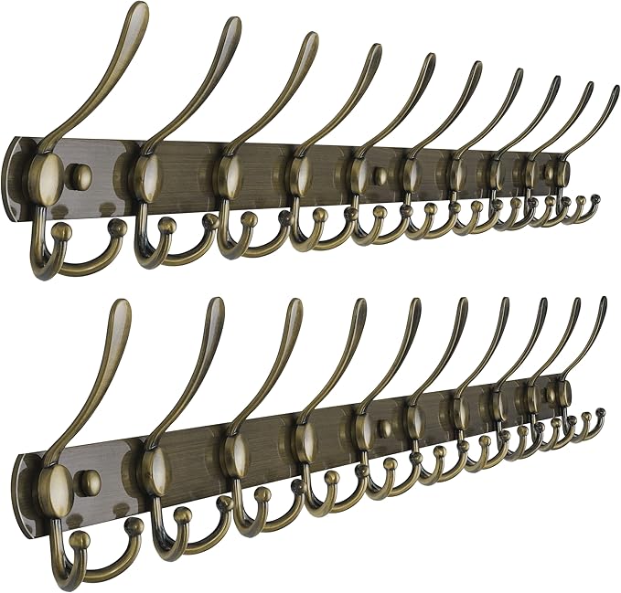 Dseap Coat Rack Wall Mount - 38??Long 10-Tri-Hooks Heavy Duty Coat Hanger Rail Wall Hooks for Hanging Coats Hats Clothing Clothes Purse Mudroom Entryway, Bronze, Pack of 2
