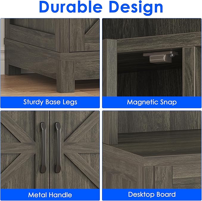 69" Tall Farmhouse Kitchen Pantry Cabinet, Kitchen Hutch Bar Cabinet with Drawers&Cup Holder, Large Wooden Storage Cabinets with Barn Doors&Microwave Stand, Cupboard for Dining Room(Ash Grey)