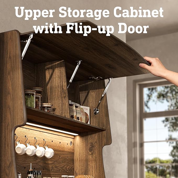 STO'SENSE 72?쇺?Kitchen Pantry Cabinet w/Power Outlets, Tall Storage Cabinet w/LED Light, FILP-up Door & Pegboard, Freestanding Kitchen Hutch w/Drawers, Solid Wood Handles (Walnut)