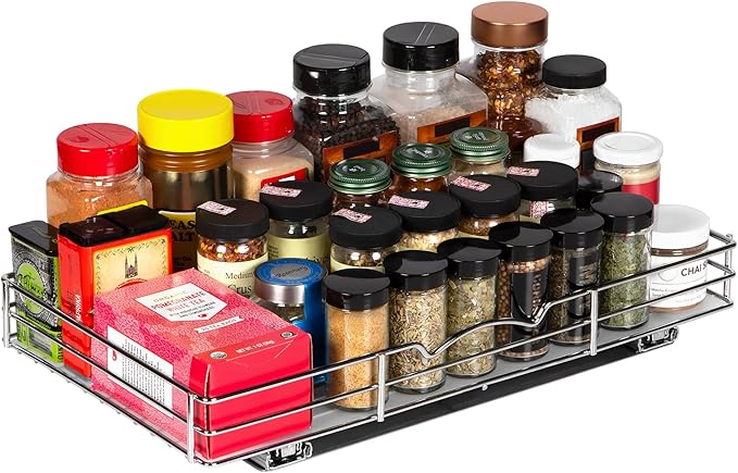 Pull Out Cabinet Organizer for Spices, Cans - Heavy Duty with Lifetime Limited Warranty- Pull Out Spice Rack- Cabinet Pull Out Shelf for Cans,Dishes, Etc, 18-3/8"Wx 10-1/2"D x 2-3/4??H, Chrome
