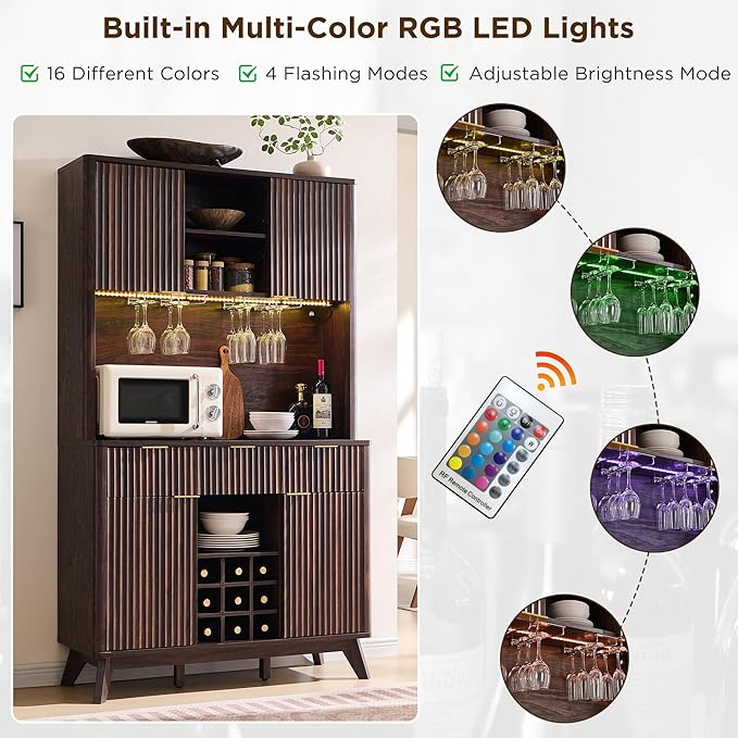 OKD 72" Tall Wine Bar Cabinet with Storage Hutch, Modern Wood Fluted Coffee Bar Cabinet with LED Lights and 10 Tier Storage Shelf & 9 Grid Wine Glass Rack for Home Dining Room Kitchen (Dark Walnut)