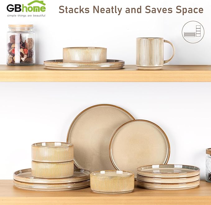 GBHOME Stoneware Dinnerware Sets for 4,Round Reactive Glaze Ceramic Plates and Bowls Set,Highly Scratch Resistant | Dishwasher & Microwave Safe Dishes Set,Service for 4(12Pcs),Barley Latte