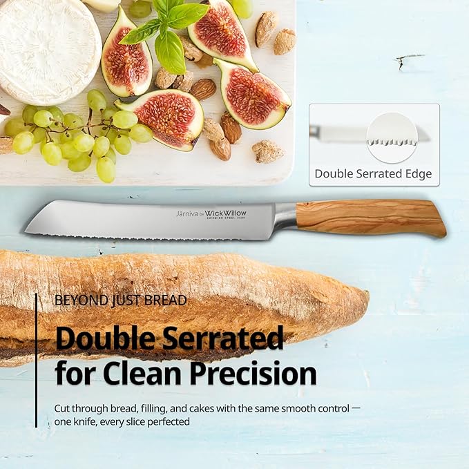 8 Inch Bread Knife ??Double Serrated Swedish Steel Sourdough Knife with Italian Olive Wood Handle ??Premium Serrated Knife for Homemade Bread, Pastries & Gifts for Home Bakers