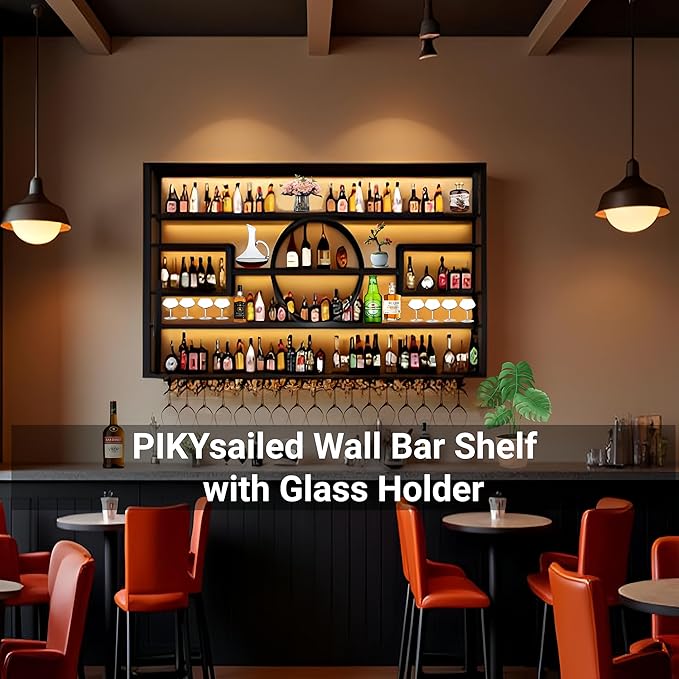 71" Metal Wine Rack Wall Mounted, Multi Functional Bar Shelves for Liquor Bottles with Glass Holder, Modern Wood Bar Shelves Wall Mounted for Home Bar & Dining Room(Black, 51" Height)