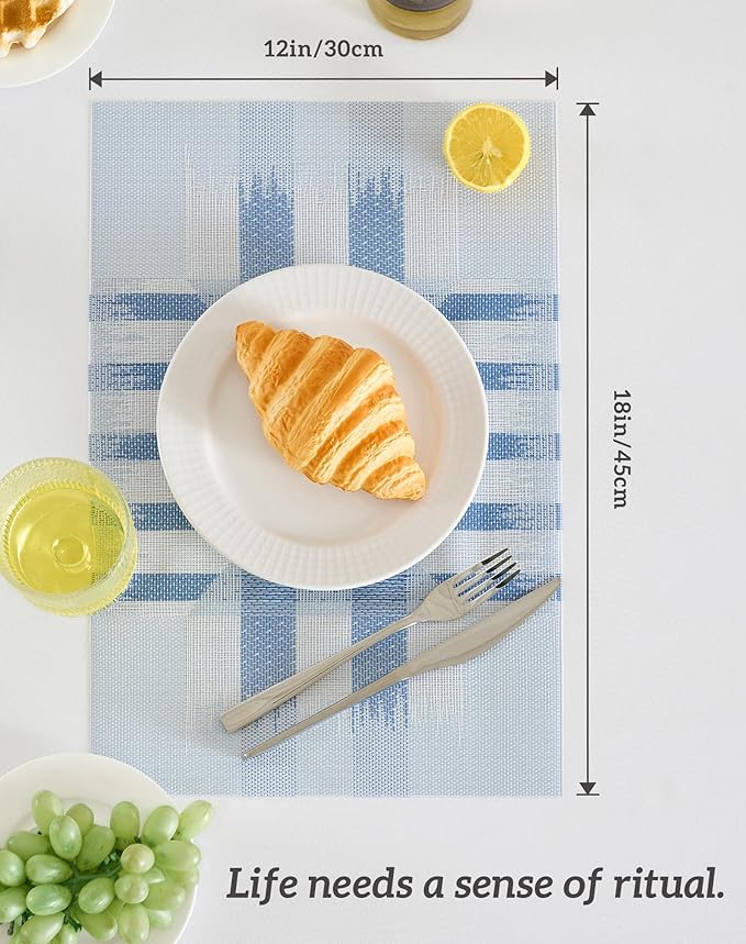 Leetaltree Geometric Print Blue Placemats Set of 4 - Heat Resistant Non-Slip Place mats for Dining Table, Washable Durable PVC Vinyl Woven Table Mats (Geometric Blue, 4)