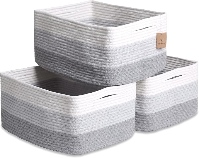 NaturalCozy Storage Baskets 16.8?쓝13?쓝7.6??Cotton Rope Woven Baskets for Organizing 3-Pack | Toy Storage Bins | Basket for Shelves, Laundry, Blanket, Clothes, Closet, Kitchen, Bathroom, Gifts