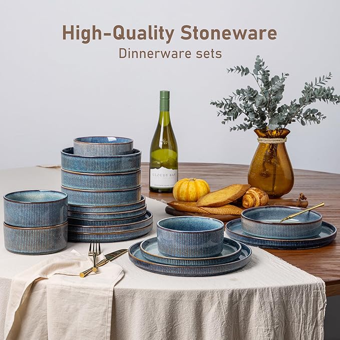 GBHOME Stoneware Dinnerware Sets for 4,Round Reactive Glaze Ceramic Plates and Bowls Set,Highly Scratch Resistant | Dishwasher & Microwave Safe Dishes Set,Service for 4(12Pcs),Ceylon Blue