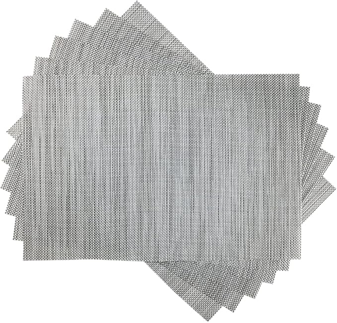 WAZAIGUR Placemats,Easy to Clean Crisscross Woven Vinyl Place Mats Durable Non-Slip Heat Resistant Table Mats,Placemats for Kitchen Table Set of 6,Silver and Black