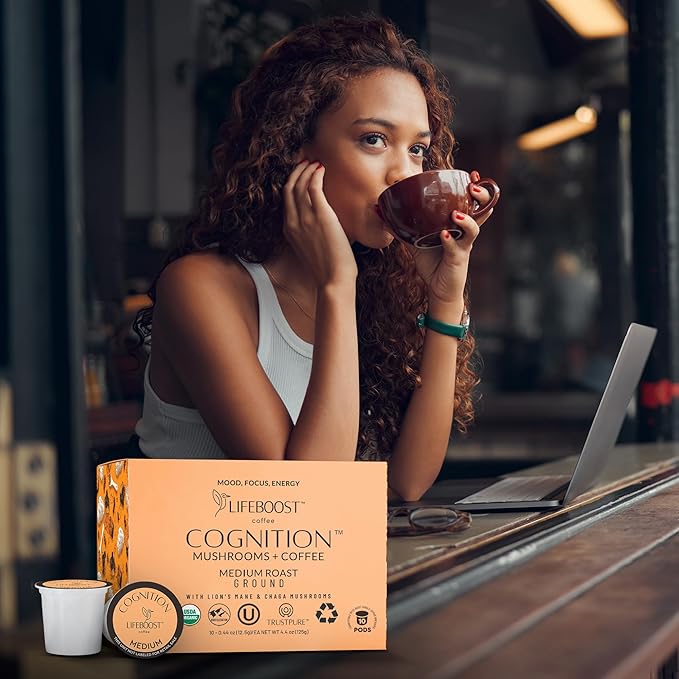 Lifeboost Cognition Mushroom Coffee Pods ??Organic Low Acid K-Cups with Lion?셲 Mane & Chaga Adaptogens ??Nootropic Coffee for Energy, Focus & Immune Support ??10 Count