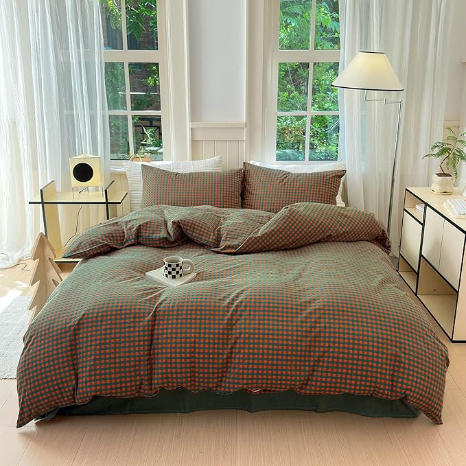 LifeTB Queen Comforter Set Modern Style Orange Green Gingham Comforter Lightweight Plaid Checkered Pattern Comforter Soft Fluffy Gingham Bedding Set Farmhouse Grid Plaid Comforter Set Queen