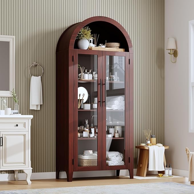 GarveeHome Arched Kitchen Pantry Cabinet - Farmhouse 5 Tier Display Shelf with Adjustable Shelf and 2 Large Glass Doors, Versatile Storage Cupboard for Kitchen, Dining Room, Living Room, Walnut