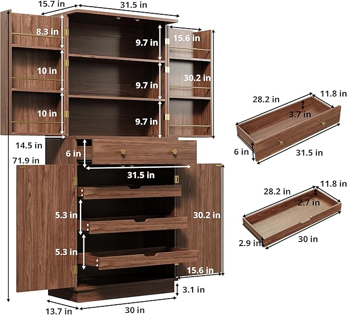 IRONCK Farmhouse Kitchen Pantry Cabinet, 72" Tall Pantry Cabinets with 2 Pull Doors and Drawer Organizing Board Storage for Home Kitchen Dining Room, Walnut Brown