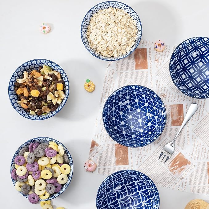 AntoKueh Blue and White Ceramic Bowls Set of 6, 4.7in Small Dessert bowl 10 oz for ice cream, Snack, Porcelain bowl for Dipping,Dishwasher/Microwave safe