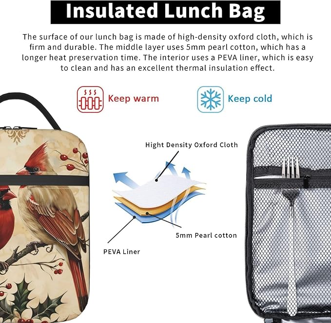 VANZEV Elegant Cardinal Bird Print Insulated Lunch Box Gifts for Kids Adults Graceful Red Animal Design Reusable Portable Lunchbox Cooler Lunchbag for Work Picnic School Travel or Hiking