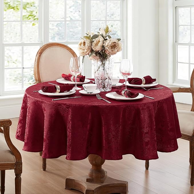 Elrene Home Fashions Caiden Elegance Damask Waterproof, Stain & Wrinkle Resistant Fabric Tablecloth, 60" x 84" Oval, Cranberry