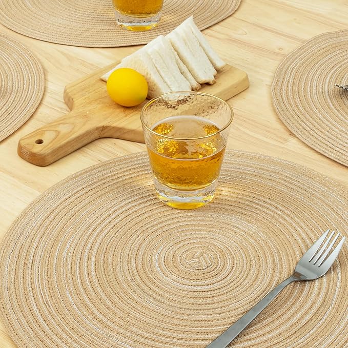 Winknowl Round Braided Placemats Set of 6 Washable Woven Heat Resistant Table Mats for Kitchen Dining Tables 15 inch Round Place Mats (Beige,6)