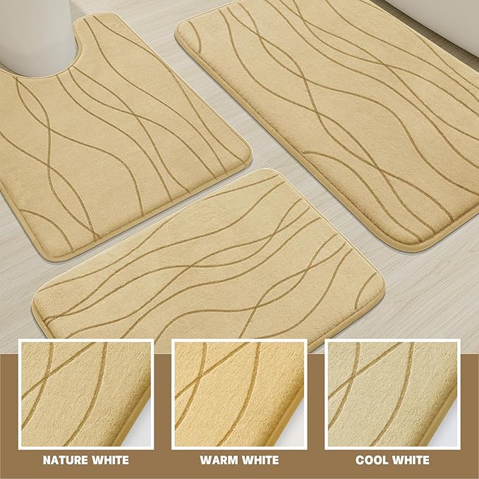 YIHOUSE Memory Foam Bathroom Rug Sets 3 Piece, Ultra Absorbent Bath Mat for Bathroom - Non-Slip Machine Washable & Dry Quickly, 3 Piece Bathroom Mat Set, Beige