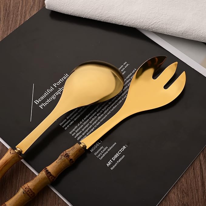Serving Spoons Set of 2, 10.0" Stainless Steel Serving Spoons with Natural Bamboo Handle, Gold Large Serving Utensils of Spoons, Big Ladle for Buffet, Party, Banquet, Kitchen, Tablespoons Flatware
