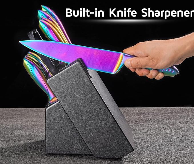 WELLSTAR Rainbow Knife Set 14 Pieces, Iridescent German Stainless Steel Kitchen Knives Set with Wooden Block, Colorful Titanium Coating, Chef?셲 Knife Block Set with Scissors and Built-in Sharpener