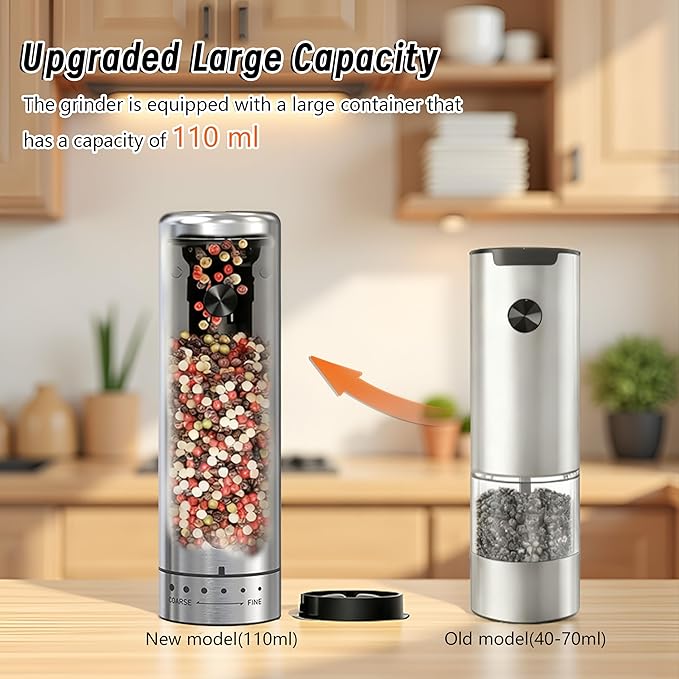 Electric Salt and Pepper Grinder Set - Rechargeable External Adjustment LED Light Dual Charging Base Upgraded Large Capacity with 110ml Top-Refill Stainless Steel Automatic Pepper Shakers
