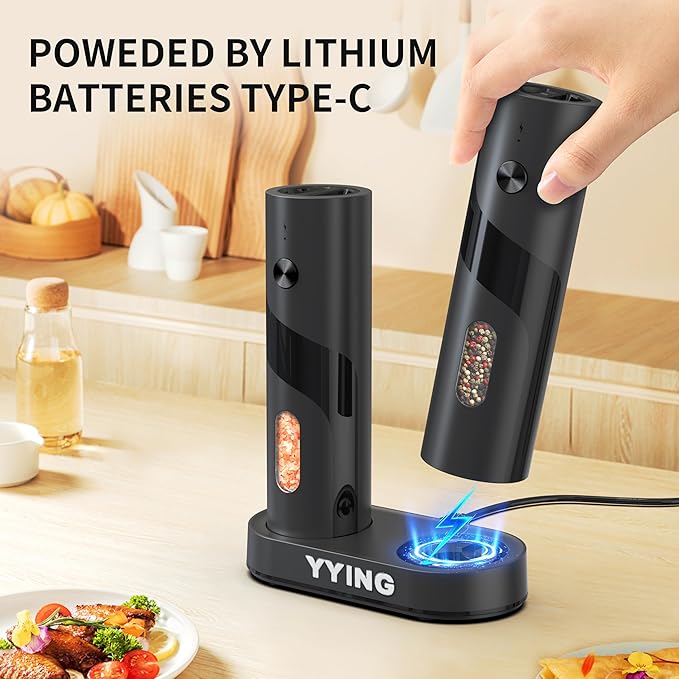 Electric Salt and Pepper Grinder Set, Automatic Pepper Mill Grinder with Charging Base & LED Light, Adjustable Coarseness, Large Capacity, One-handed Operation, for Kitchen, Restaurant, Outdoor