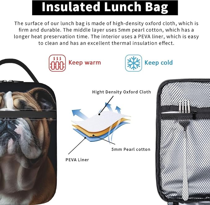 VANZEV Insulated Lunch Box for Women Men, Bulldog Theme Lunch Box Reusable Portable Lunch Bag Cooler Tote Waterproof Lunch Container for Office Picnic Work Travel