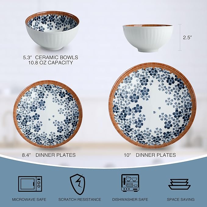 Sakura Blossom Dinnerware Set 12-Piece, Porcelain Plates and Bowls Set for 4, Microwave and Dishwasher Safe