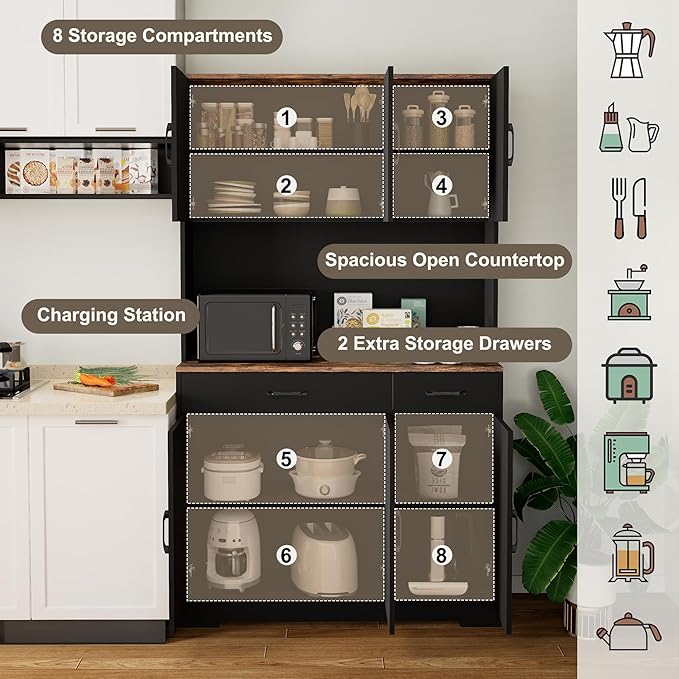 71" Pantry Cabinet with Charging Station, Kitchen Storage Cabinet with Microwave Stand, 8-Zone Organization, 2 Smooth-Glide Drawers, Open Countertop for Dining, Kitchen, Living Room (Black)