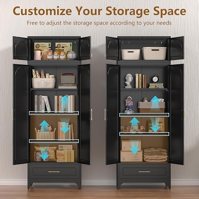 Kitchen Pantry Cabinet, 90" Tall Metal Pantry Cabinet, Food Cupboards with One Drawer, Freestanding Storage Cabinets for Dining, Living Room, Black,16" D x 32" W x 90" H, Assembly Required