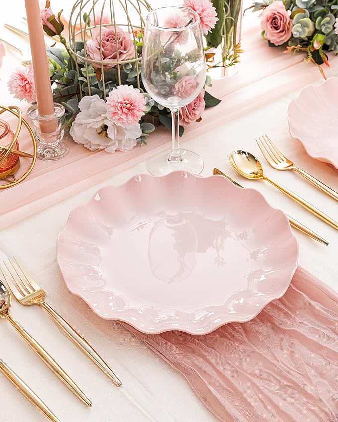 LIYH 20 Pcs 10 Inch Pink Scalloped Plastic Plates Reusable - Unbreakable Plastic Wavy Plates for Weddings Party Outdoor Picnics Dishwasher Safe BPA Free 10" Dinner Plate