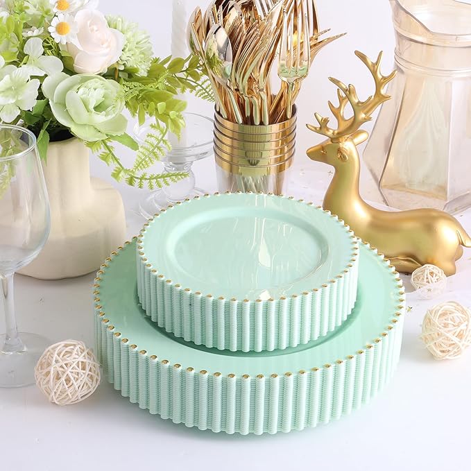 EI 60pcs Green Plastic Plates with Gold Rim,Disposable Plastic Plates Heavy Duty for Party,Sage Green and Gold Dessert/Dinner Plate for Birthday,Afternoon Tea,Wedding,Spring,Valentine's Day,Easter