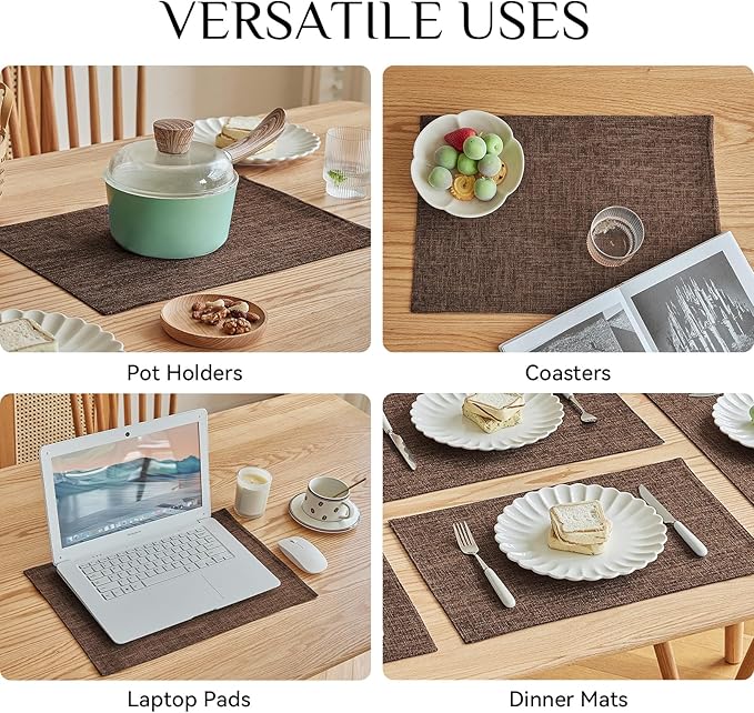 Softalker Faux Linen Placemats Set of 8-12 x 18 Inch, Heat Resistant Double Layered Durable Burlap Farmhouse Place Mats, Non-Slip Washable Rustic Table Mats for Dining, Kitchen, Party竊뉲ark Brown