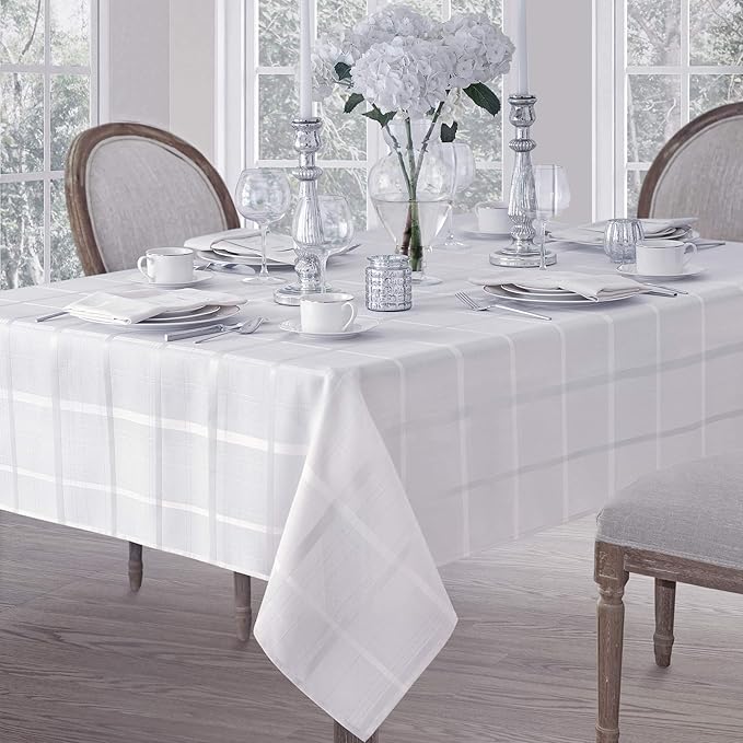 Newbridge 60 x 84 Inch Rectangle Fabric Tablecloth, Elegance Plaid, 100% Polyester, No Iron Soil Resistant Dining Room, Party and Banquet Table Cover, Solid Textured, White