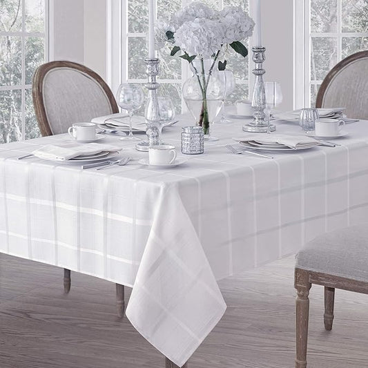Newbridge 52 x 52 Inch Square Fabric Tablecloth, Elegance Plaid, 100% Polyester, No Iron Soil Resistant Dining Room, Party and Banquet Table Cover, Solid Textured, White