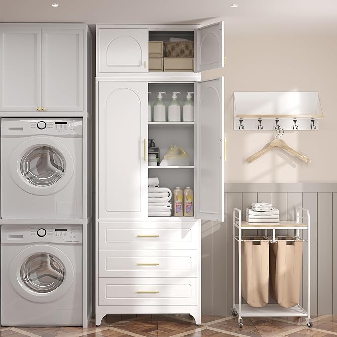 Kitchen Pantry Cabinet竊?0" Storage Cabinets with Doors and Shelves,Metal Pantry Cabinet with 3 Drawers,White Kitchen Cupboard for Livingroom,Pantry, Bathroom