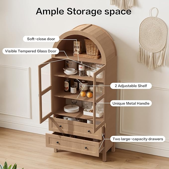 71" Tall Arched Kitchen Pantry, Storage Cabinet with Glass Doors, 2 Large Drawers & 3 Adjustable Shelves, Modern Farmhouse Design for Home Kitchens, Small Homes & Apartments